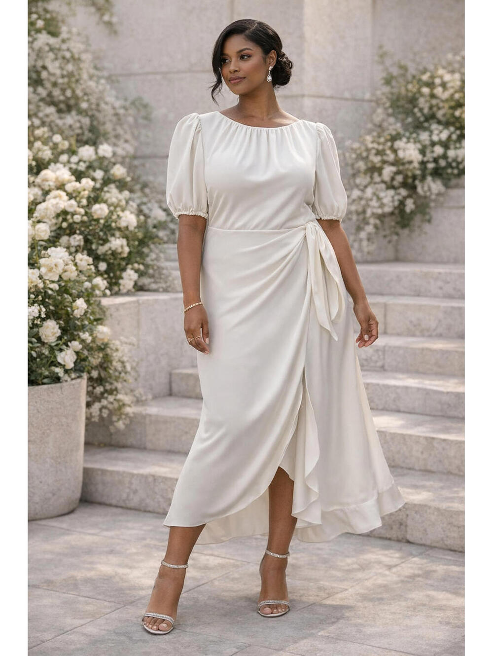 Sachin & Babi Camila Dress 22W Ivory Puff Sleeve Draped Midi Bridal Shower Occas